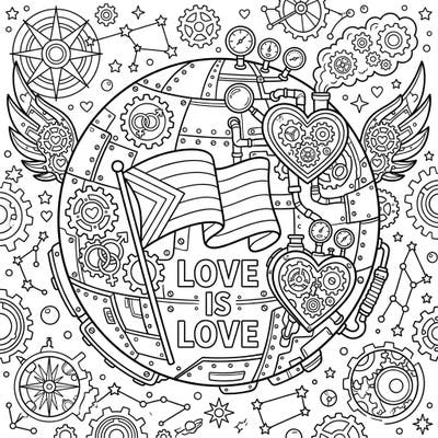 Dive into a wonderfully unique coloring experience with this Steampunk Mercury design, celebrating Pride Month. This intricate page blends celestial wonders with industrial fantasy and the powerful message of 'Love Is Love'.