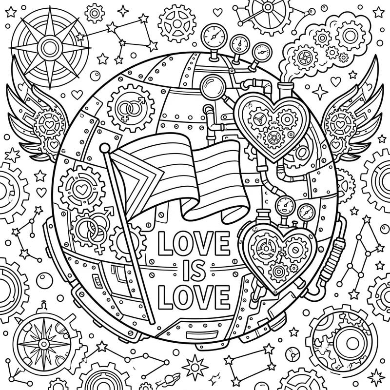 Dive into a wonderfully unique coloring experience with this Steampunk Mercury design, celebrating Pride Month. This intricate page blends celestial wonders with industrial fantasy and the powerful message of 'Love Is Love'.