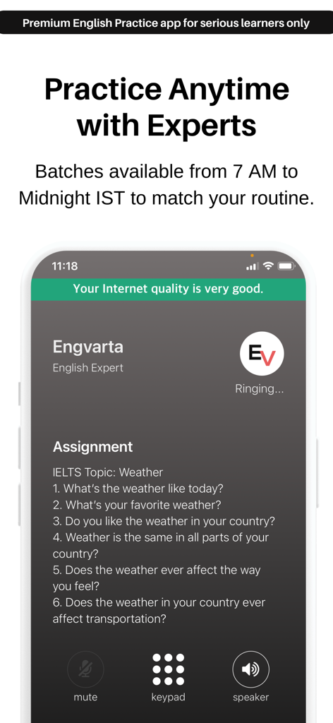 EngVarta: English Speaking App - 専門家とのライブ1対1英語スピーキングセッションとIELTS練習課題を示すEngVartaアプリインターフェース