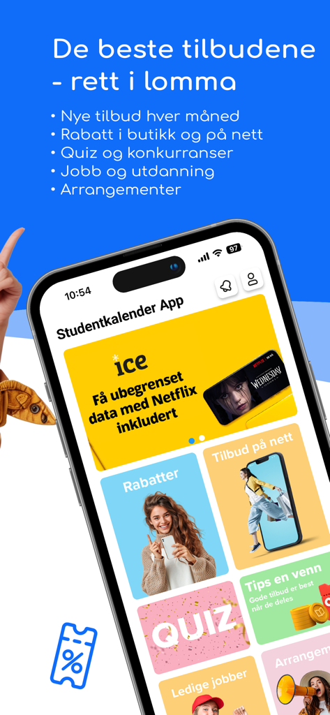 Studentkalender app - Smartphone screen showing student discounts and offers in the Studentkalender app