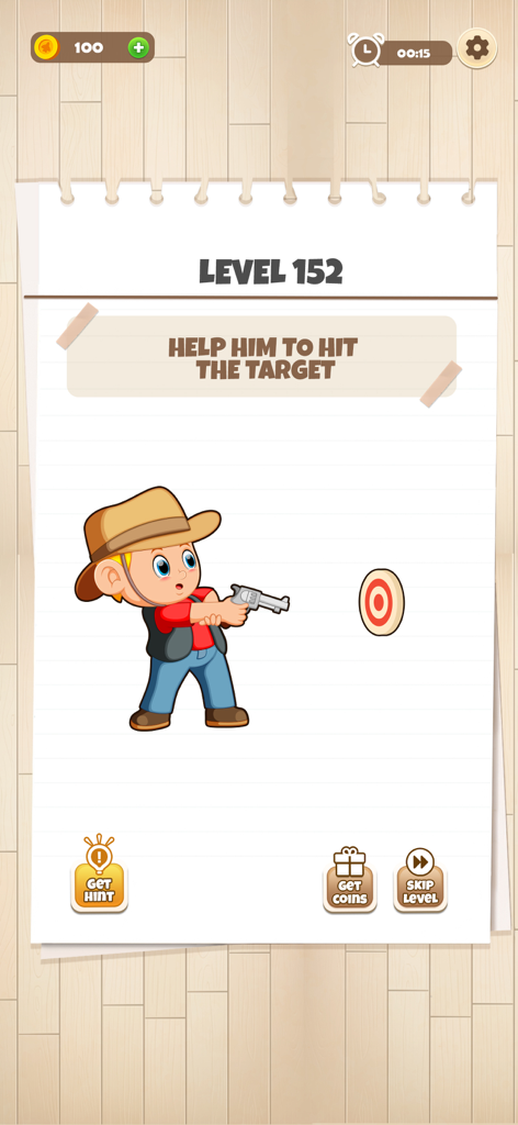 Brain King IQ Test Puzzle Game - A cartoon cowboy aiming a gun at a target in a logic puzzle game level.