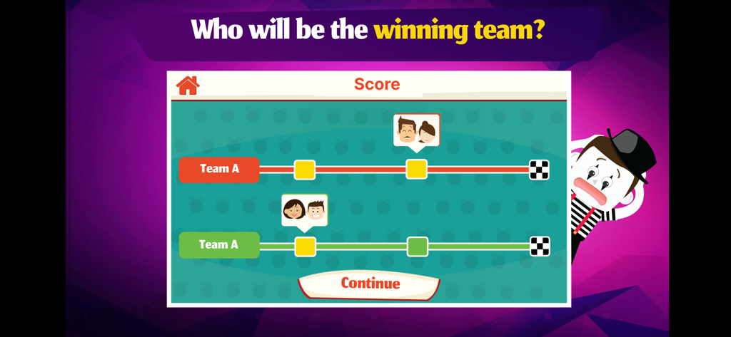 Charades - Guessing Party Game - Pantalla de puntuación del juego Charades Guessing Party que muestra el progreso de los equipos y un personaje mimo.