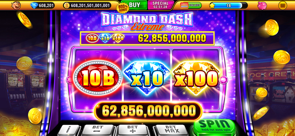 Máquina tragamonedas Diamond Dash Extreme mostrando una victoria masiva de jackpot en Wild Classic Slots