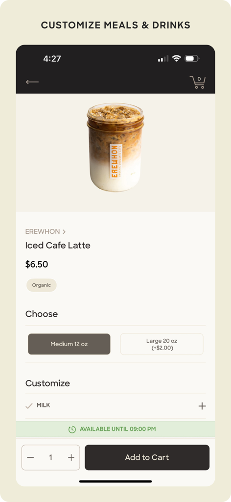 Erewhon - Interface de l'application mobile Erewhon pour personnaliser un café glacé au lait avec des options de taille et de lait