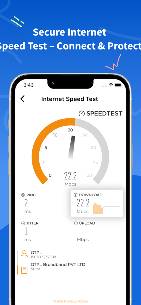 Interface for testing internet speed showing download rate and ping