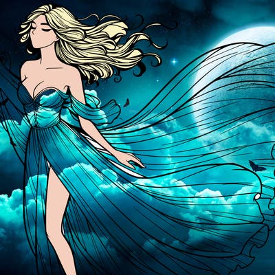 realistic woman in dress flowing the the wind