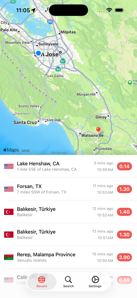 My Earthquake Alerts Pro - Interface of the My Earthquake Alerts Pro app showing a map of California and a list of recent global seismic activity with magnitudes.