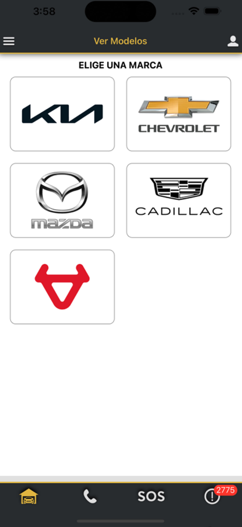 Grupo Silaba - Grupo Silaba mobile app screen showing options to choose from car brands like Kia, Chevrolet, Mazda, and Cadillac.