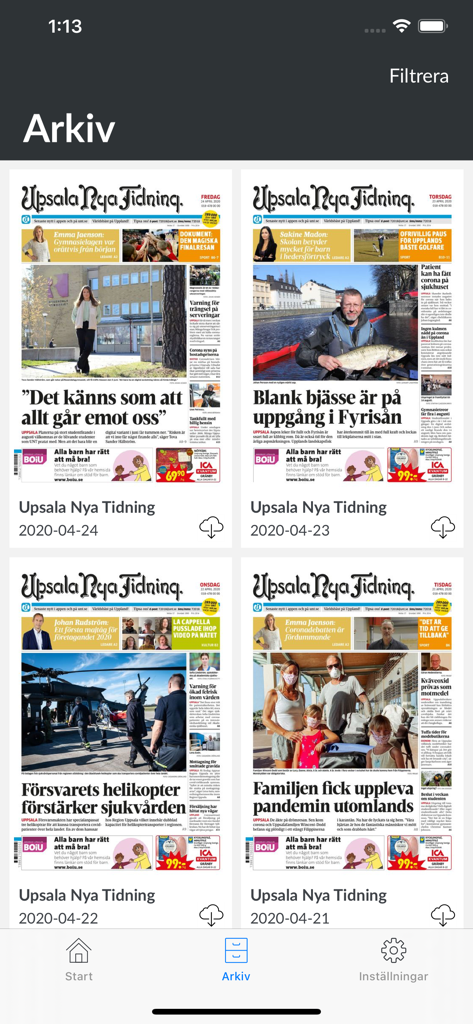 E-tidning UNT - Archive screen in the E-tidning UNT app showing daily digital editions of the Upsala Nya Tidning newspaper.