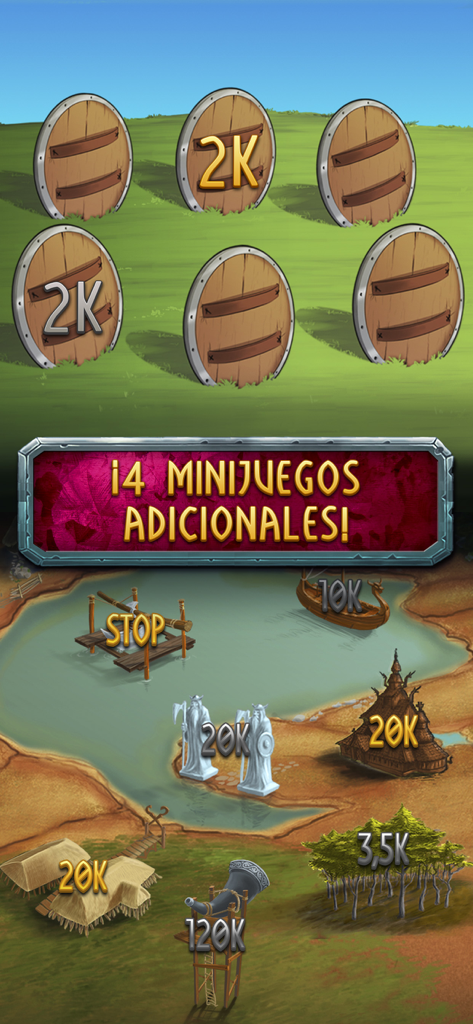 Vikingos – Máquina Tragaperras - Screenshot of the Vikingos slot game showing the 4 additional mini-games interface with reward values and a map.