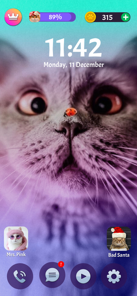 Kitty Call: Play with Cats - Home screen of the Kitty Call app showing a fluffy cat with a ladybug on its nose and character icons for Mrs. Pink and Bad Santa.