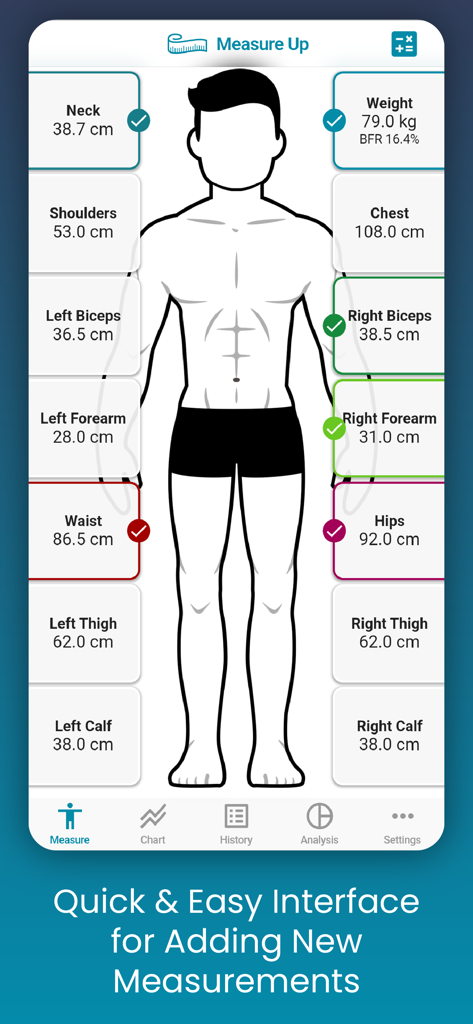 Body Measurement - Measure Up - A user interface showing a human silhouette with various body measurements like neck and waist
