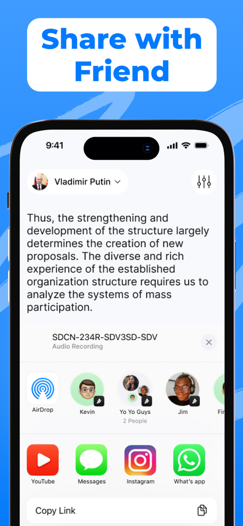Descript AI - Audio Summaries - iPhoneの共有シートを使用してAI生成の音声文字起こしと要約を共有する方法を示すモバイルインターフェース。