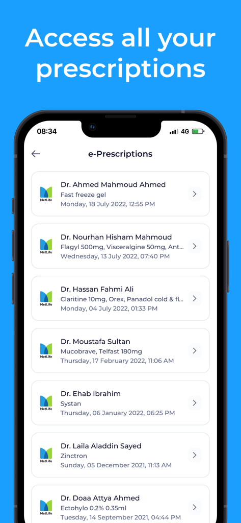 Interface of the Yodawy app showing a list of electronic prescriptions with doctor names and medication details