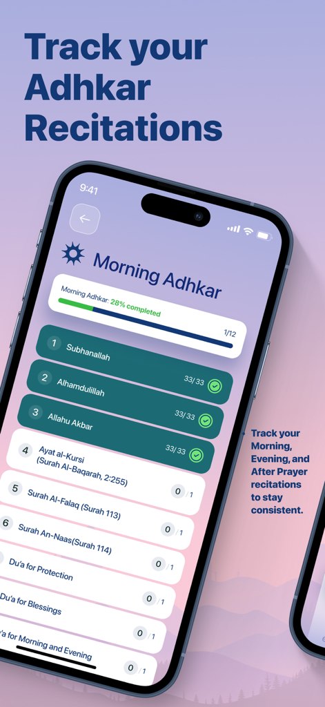 MyNoor: Adhkar, Dua, Azkar - Pantalla de la aplicación móvil MyNoor que muestra el progreso y los contadores de la recitación de Adhkar de la mañana