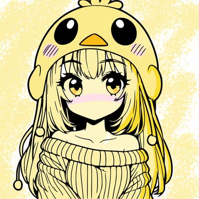 anime girl with chick shaped hat with sweater with bare shoulders with bangs covering them one eye with low tail