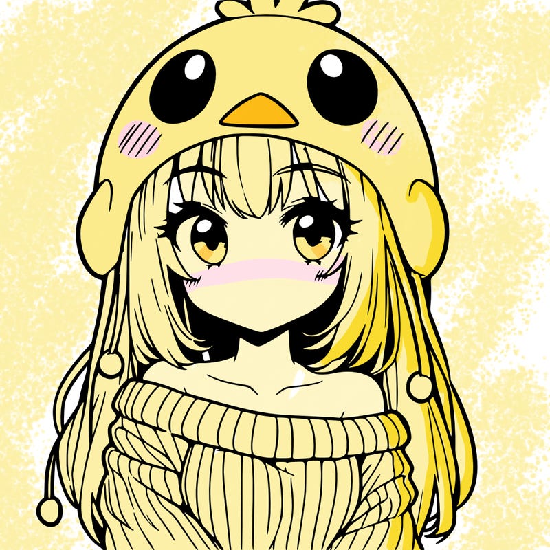 anime girl with chick shaped hat with sweater with bare shoulders with bangs covering them one eye with low tail
