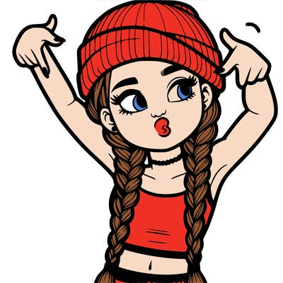 realistic teenage girl with braids and a beanie and crop top doing 🫶🏼