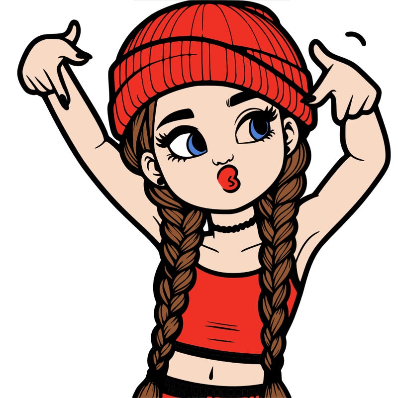 realistic teenage girl with braids and a beanie and crop top doing 🫶🏼