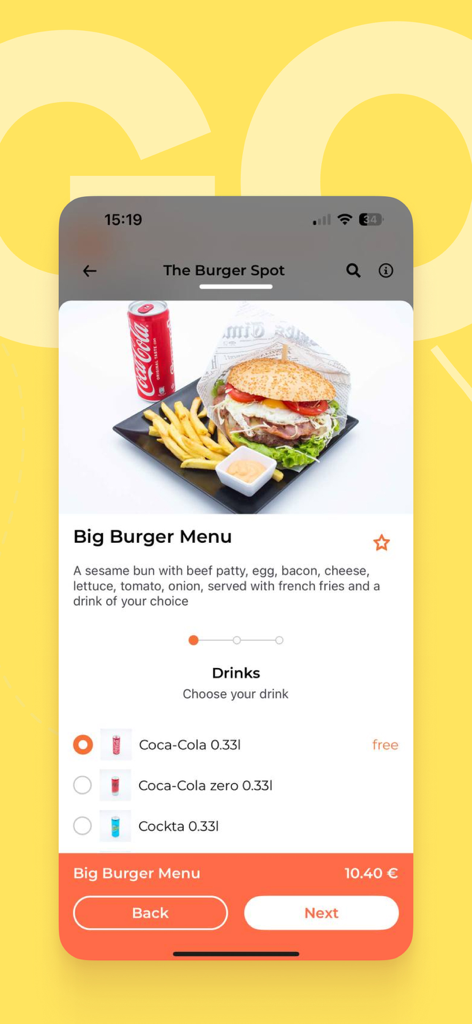 2GO Local Food Delivery - Una pantalla de la aplicación móvil de 2GO Local Food Delivery mostrando un pedido de menú de hamburguesas con opciones de bebida de un restaurante local