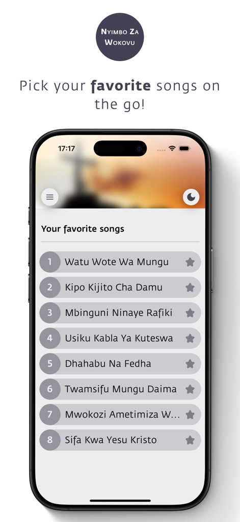 Nyimbo za Wokovu (MPYA) - A mobile app screen showing a list of favorite Swahili Christian hymns under the heading Your favorite songs.
