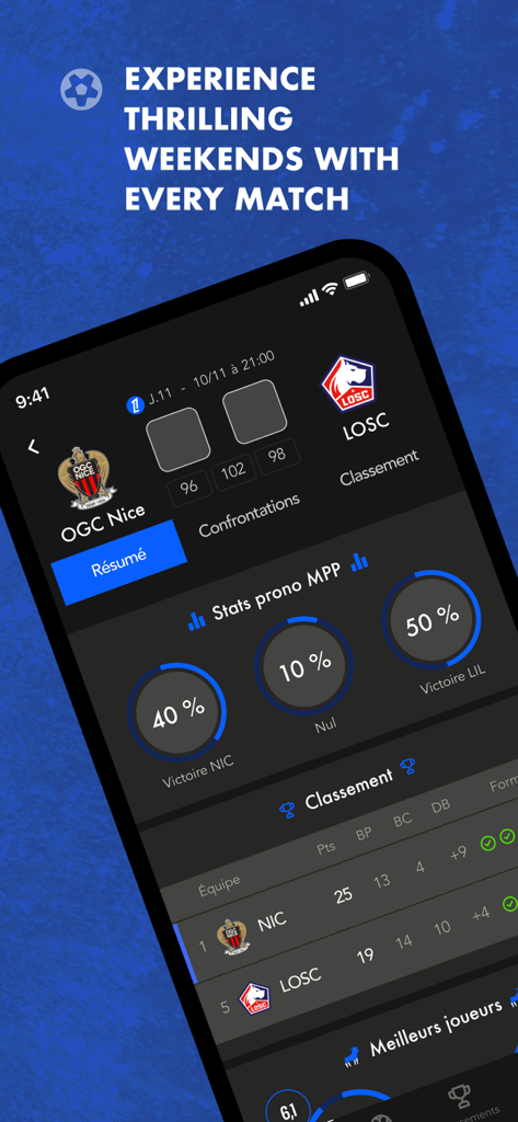 MPP - The social predictor - Interfaz de la aplicación MPP mostrando estadísticas de predicción de partidos de fútbol y clasificaciones de ligas.