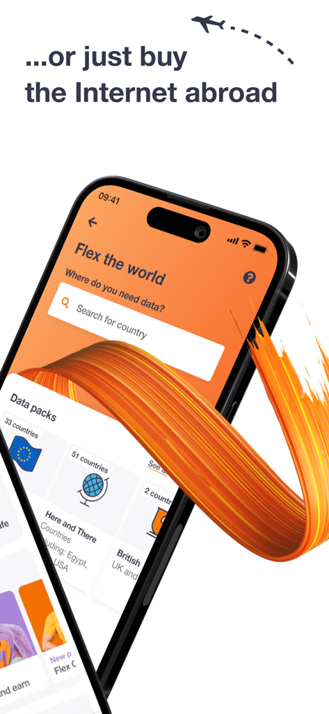 Orange Flex app screen showing various international travel data roaming packages