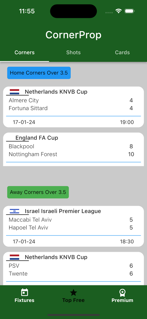 CornerProp- Team Corners Tips - Interface of CornerProp app showing soccer match fixtures and corner kick tips