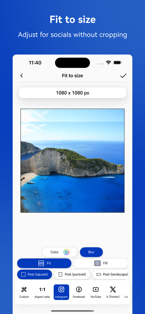 Photo & Picture Resizer - Interfaccia dell'app di ridimensionamento foto che mostra un'immagine adattata per le piattaforme di social media senza ritaglio