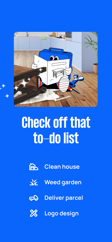 Airtasker - Airtasker app screen displaying a to-do list for services including cleaning, gardening, delivery, and design.
