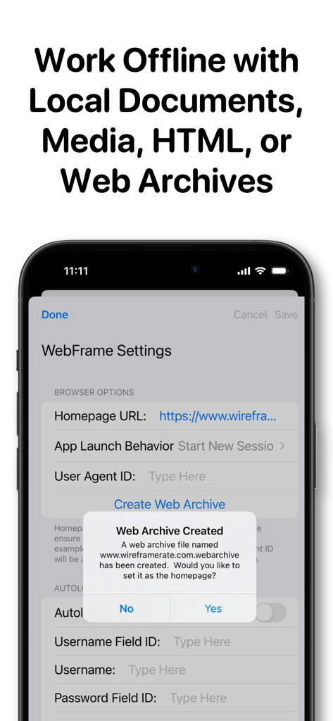 WebFrame Pro app settings interface showing the creation of a web archive for offline kiosk use