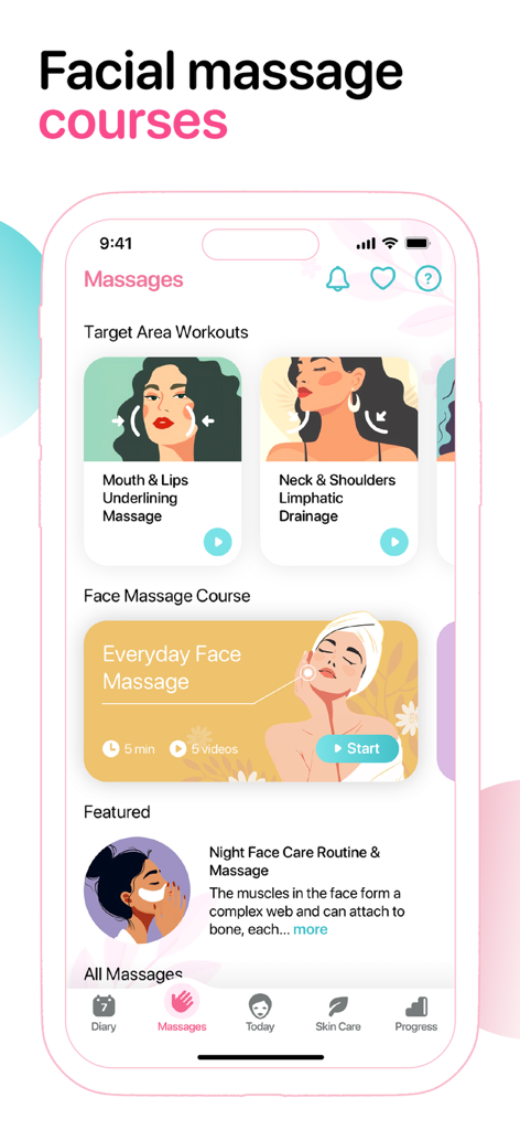 Facegym - Face Fitness Yoga - Facegym app screen displaying various facial massage courses including target area workouts for lips and neck.