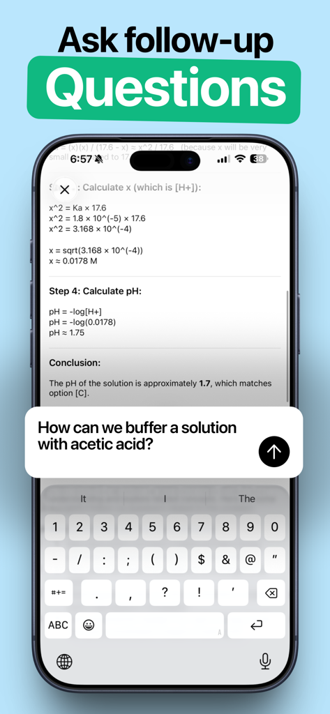 Science AI: Homework Helper - La interfaz de la aplicación Science AI que muestra a un estudiante haciendo una pregunta de seguimiento de química a un tutor de IA.