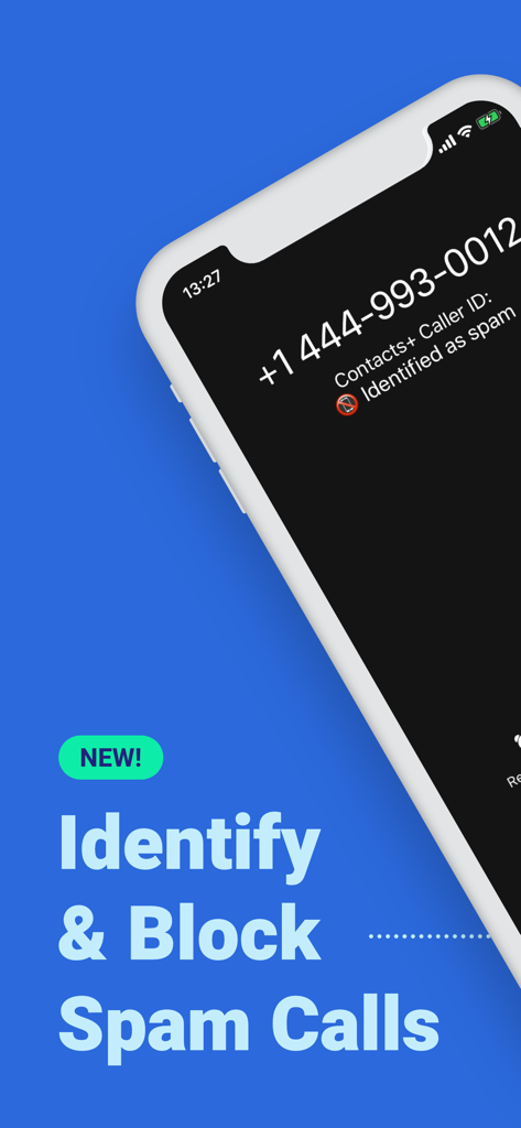Contacts+ | Address Book - iPhone screen showing the Contacts plus app identifying an incoming spam call