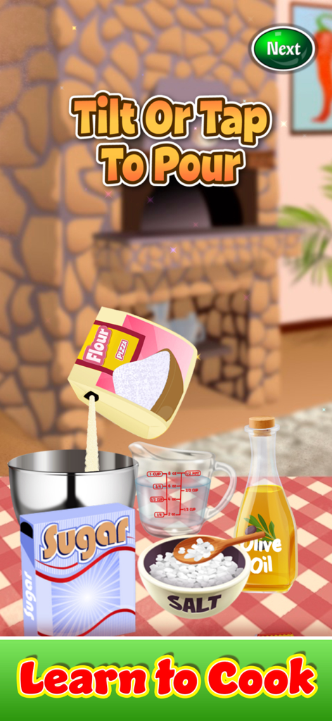 Cooking Games: Pizza Maker - A pizza making game screen showing ingredients like flour, sugar, salt, and olive oil on a kitchen table with instructions to tilt or tap to pour.