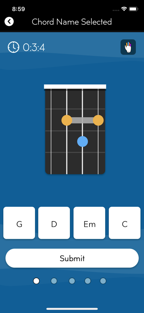 Ukulele chord recognition game with fretboard diagram and multiple choice options