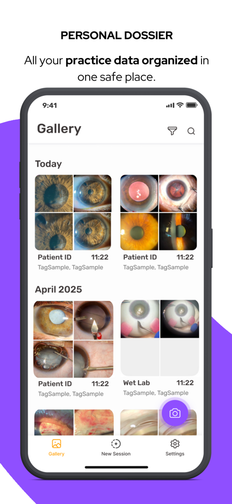 MicroREC App - Screenshot of the MicroREC App gallery displaying organized ophthalmology images and patient records in a professional dossier view.
