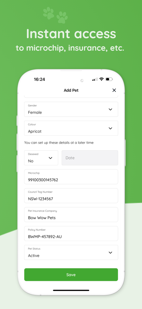 That Pet App - Health Tracker - Tela do aplicativo móvel para adicionar detalhes do pet, incluindo informações de microchip e seguro