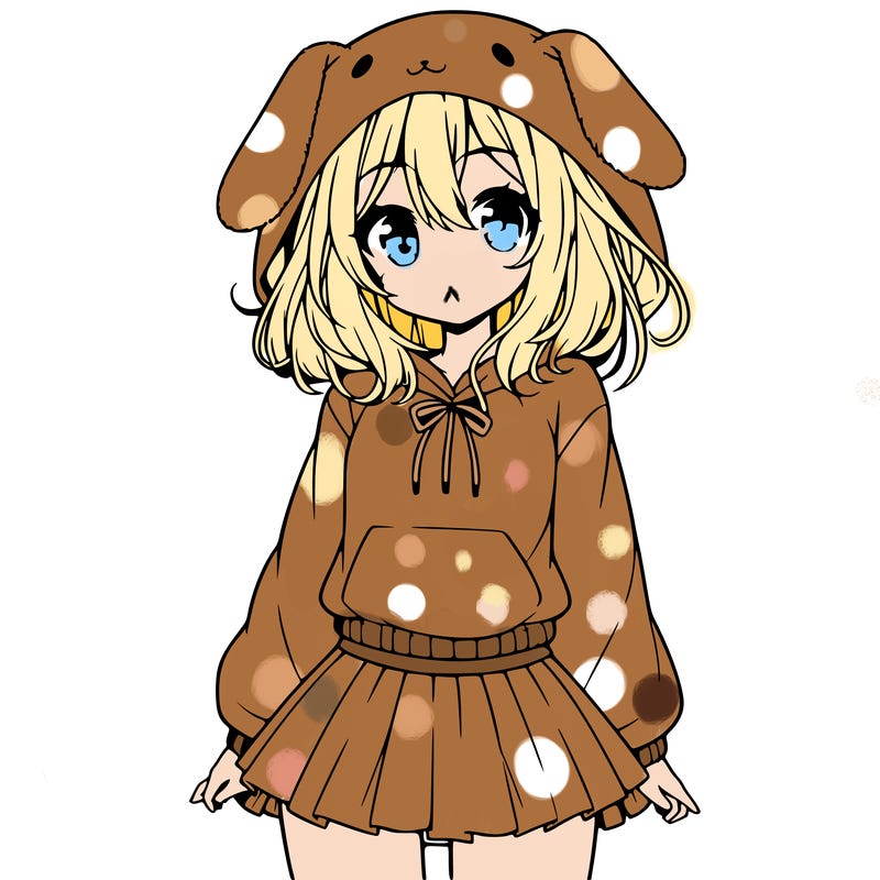 pretty anime girl wearing a fluffy hoodie with bunny ears on the hood and a skirt
