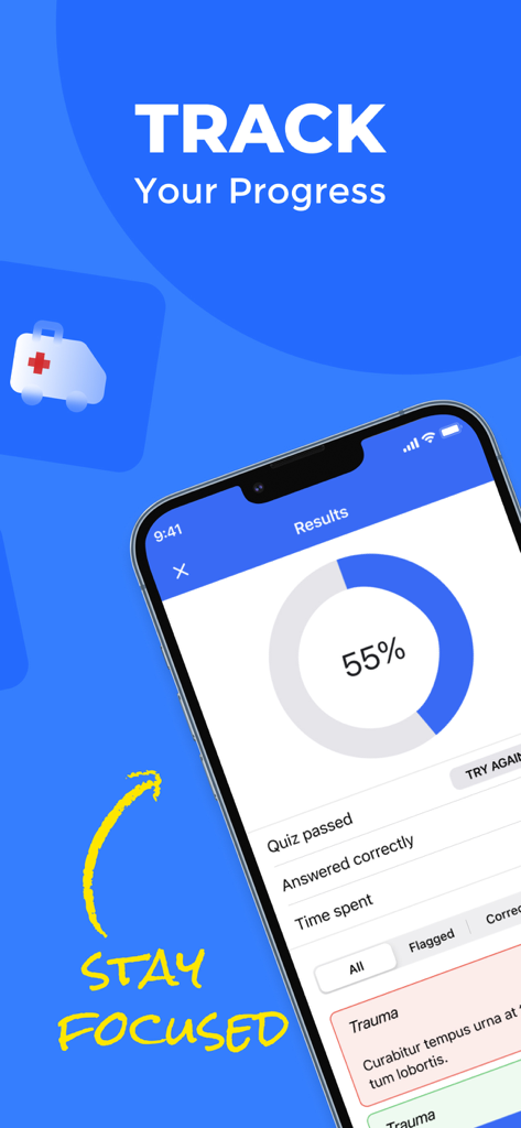 WCC Exam: Wound Care Prep 2026 - WCC exam prep app showing progress tracking and quiz results