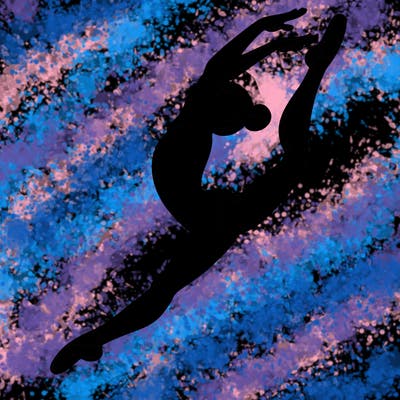 gymnast doing a leap in a leotard with a bent back leg