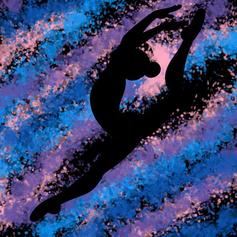 gymnast doing a leap in a leotard with a bent back leg