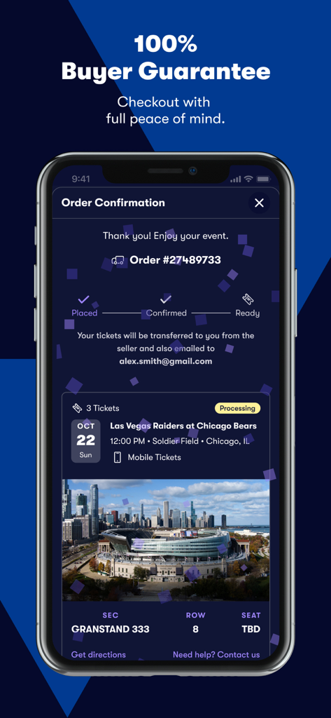 Vivid Seats app order confirmation page for a football game showing the 100 percent buyer guarantee