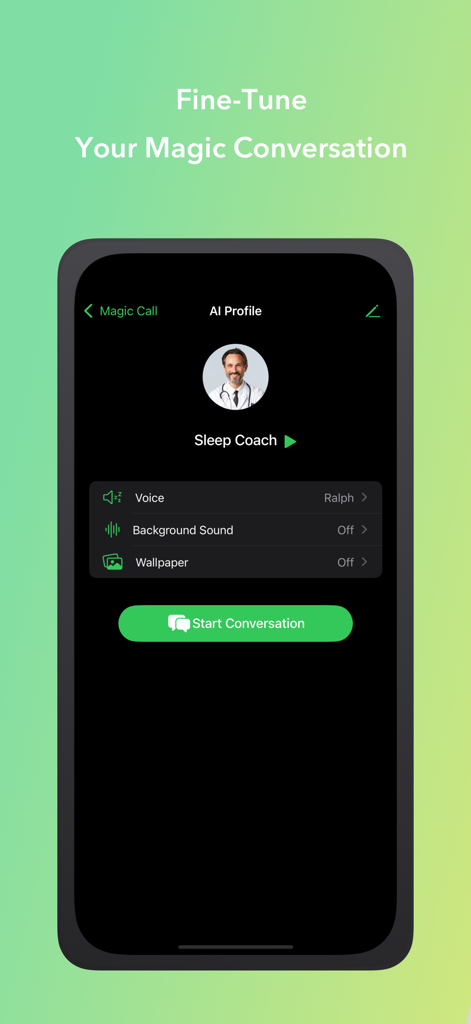 Magic Call Pro: AI Voices - Écran des paramètres de profil IA pour personnaliser la voix et les sons d'ambiance d'un personnage coach de sommeil