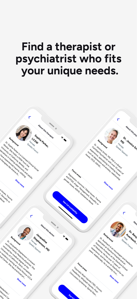 Doctor On Demand - Mobile app screens showing professional profiles of therapists and psychiatrists including their backgrounds and medical specialties