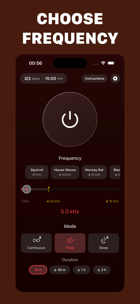Rodent Repellent - User interface of the Rodent Repellent app showing frequency selection for squirrels and mice with timer and mode settings.