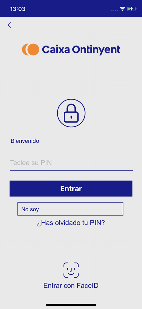 Pantalla de inicio de sesión de la app de banca móvil de Caixa Ontinyent con entrada de PIN y acceso biométrico FaceID.