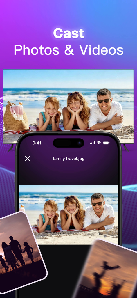 Smartphone screen casting family beach photos to a large smart TV