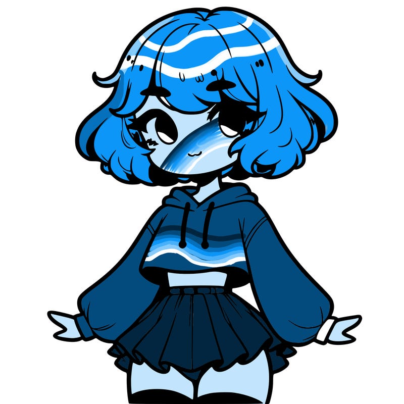 cute femboy with short, fluffy hair that softly frames their face, wearing a cropped hoodie, paired with a flouncy short skirt, and thigh-high stockings