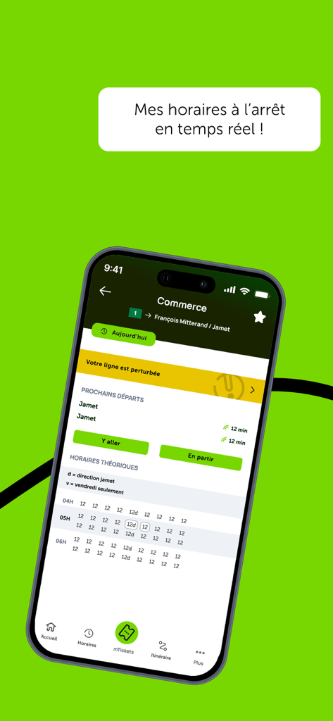 Naolib tram & bus - Interface do aplicativo móvel Naolib exibindo horários de elétrico e ônibus em tempo real para o ponto Commerce em Nantes